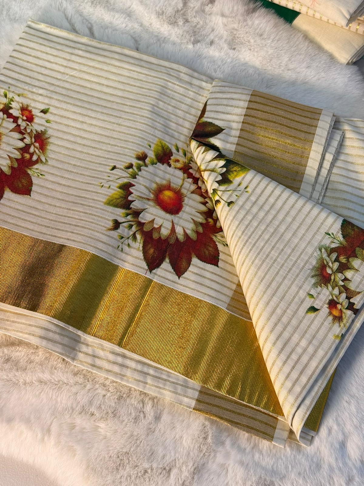 Elegant Daisy Print Kerala Kasavu Saree
