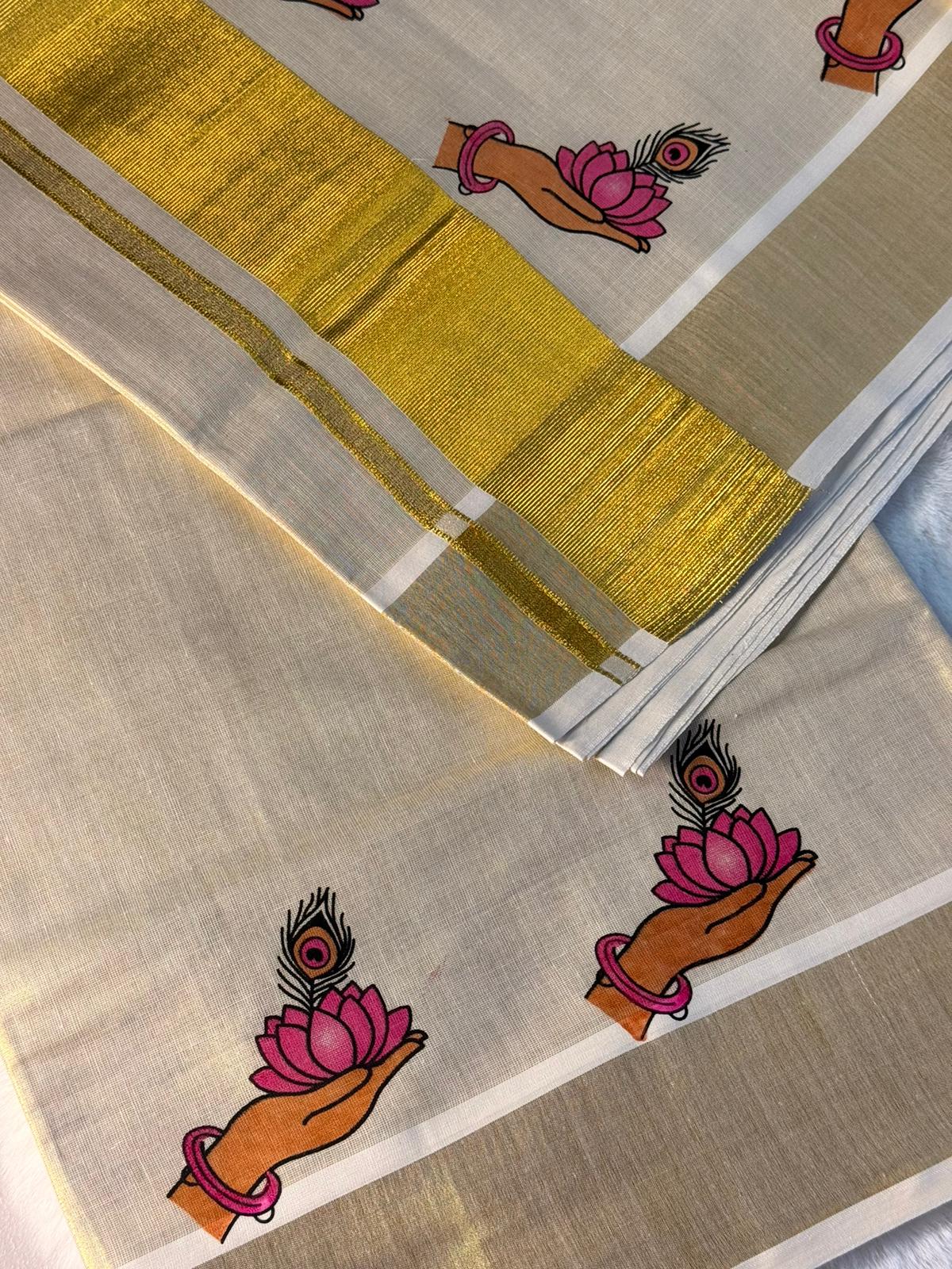 Traditional Kerala Kasavu Saree with Lotus Motif Border
