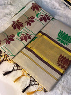 Dual Lotus Print Kerala Kasavu Saree with Elegant Tassels