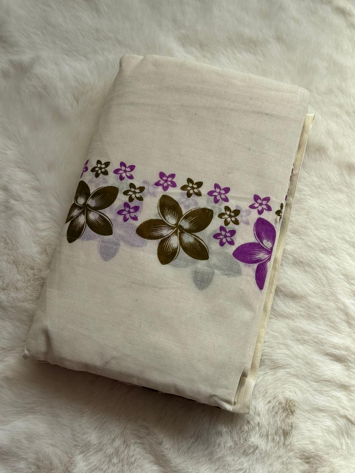 Premium Kerala Floral Set Mundu with Matching Blouse Piece – Purple Bloom Design