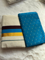Premium Kerala Set Mundu with Blue & Gold Border and Matching Blouse Piece
