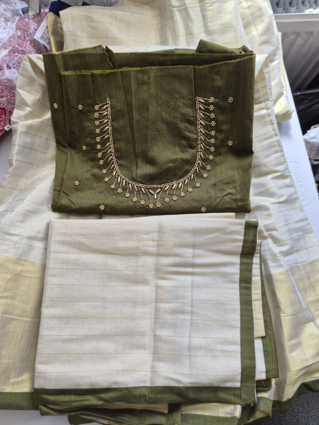 Kerala Half Saree Set – Olive Green