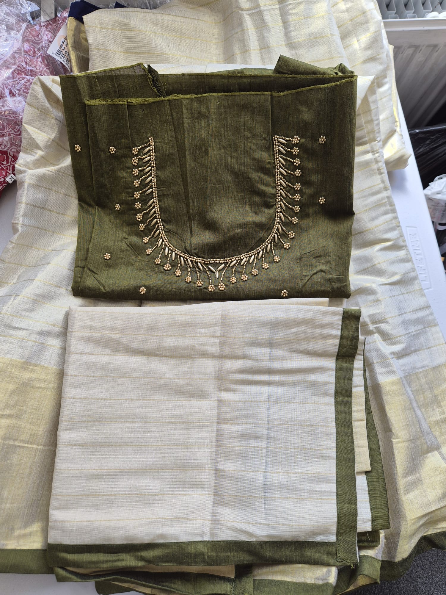 Kerala Half Saree Set – Olive Green