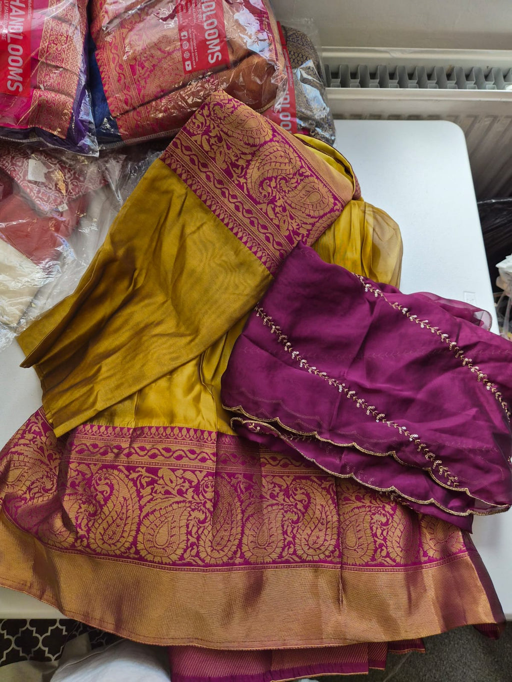 Aarunya Heritage Half Saree Set – Mustard Gold & Wine Purple