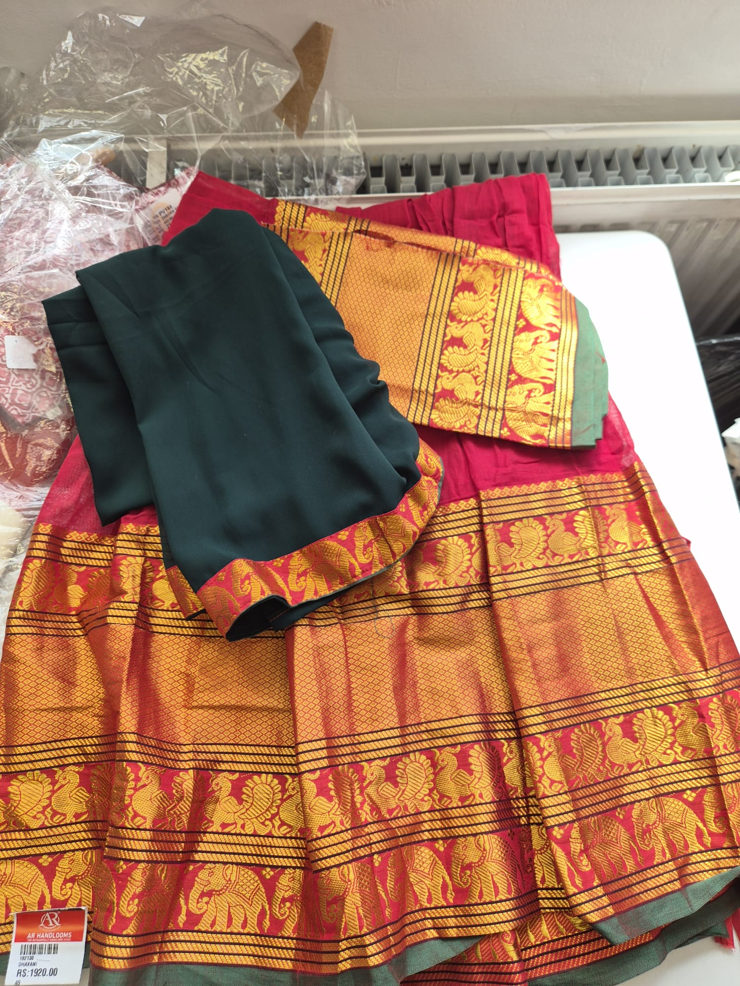 Emerald Varnika Half Saree Set (Green, Red & Rust Gold)
