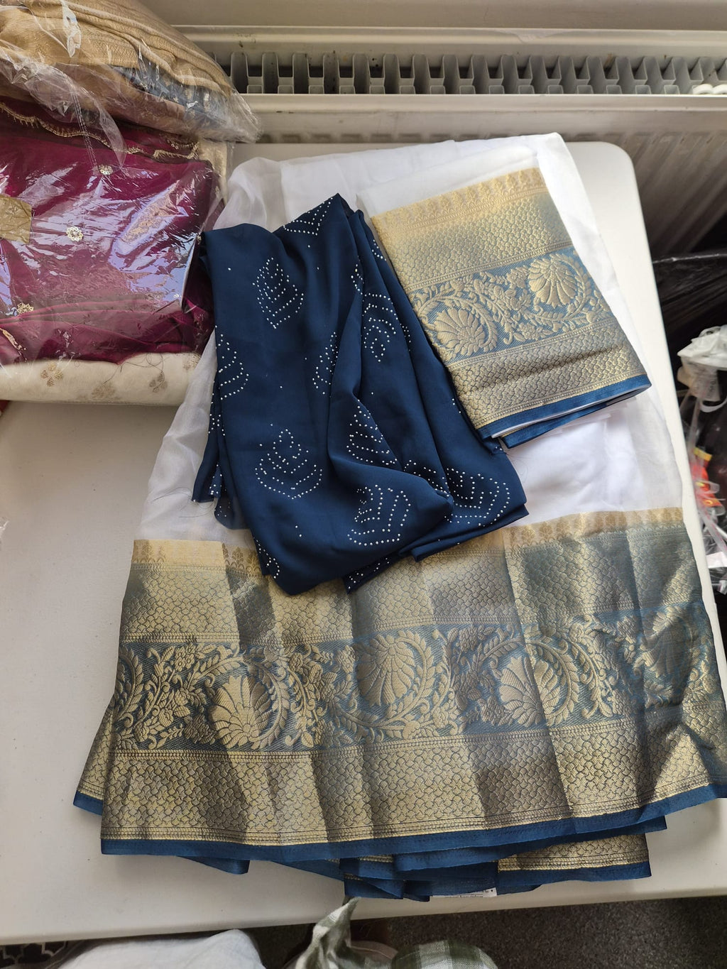 Neelambari Heritage Half Saree Set – White & Teal Blue