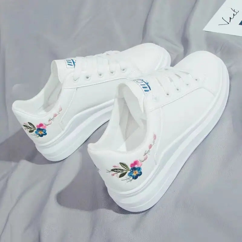 Womens Casual Floral Trainers White Flower Breathable Lace-Up Embroidered Shoes