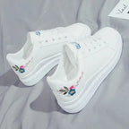 Womens Casual Floral Trainers White Flower Breathable Lace-Up Embroidered Shoes