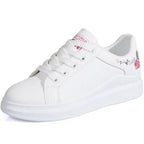 Womens Casual Floral Trainers White Flower Breathable Lace-Up Embroidered Shoes