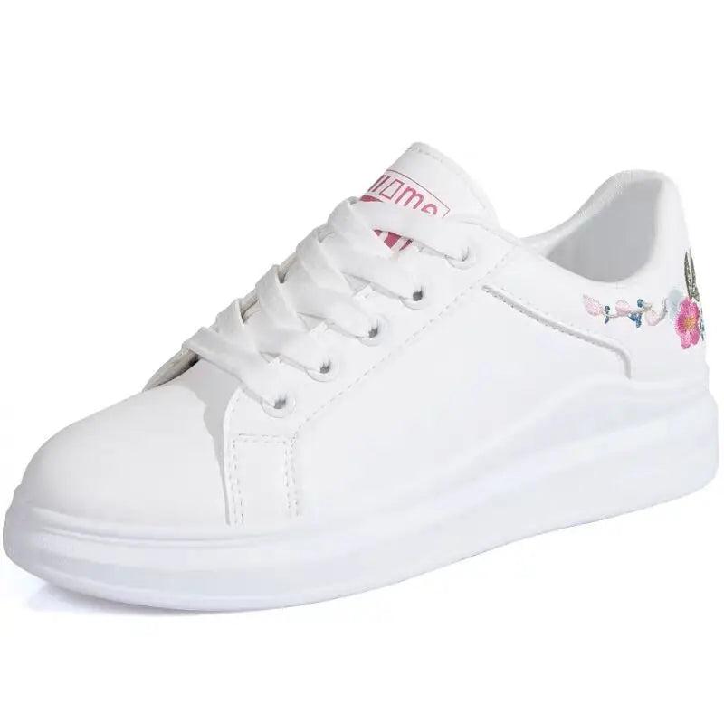 Womens Casual Floral Trainers White Flower Breathable Lace-Up Embroidered Shoes