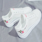 Womens Casual Floral Trainers White Flower Breathable Lace-Up Embroidered Shoes
