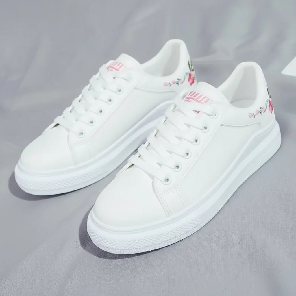 Womens Casual Floral Trainers White Flower Breathable Lace-Up Embroidered Shoes