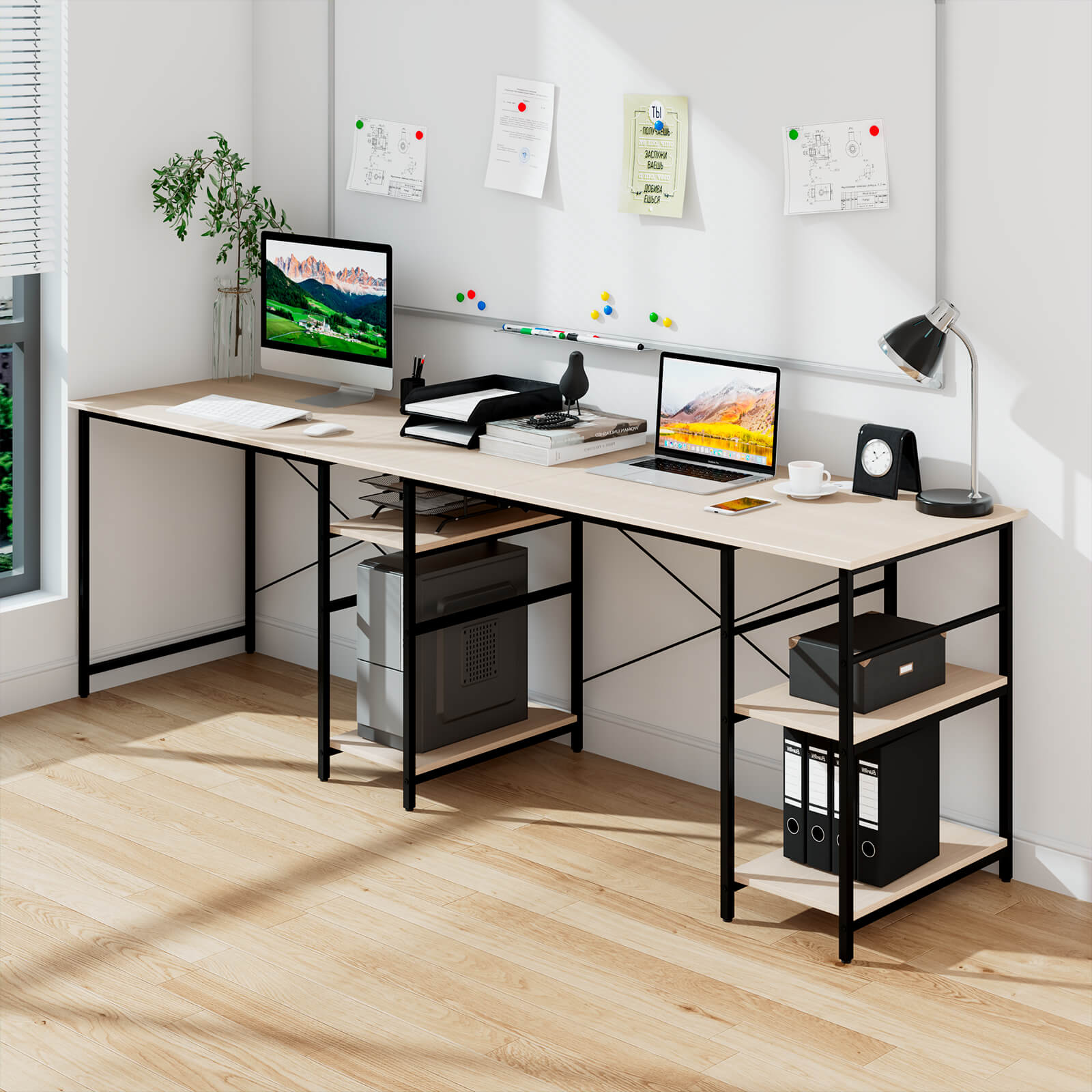 Wooden Industrial L-Shaped Desk with Storage Shelves-Black