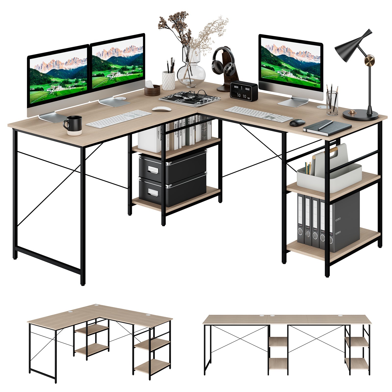 Wooden Industrial L-Shaped Desk with Storage Shelves-Black