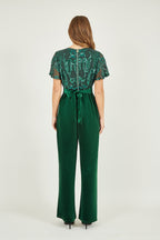 Yumi Green Sequin Embellished Velvet Jumpsuit With Angel Sleeves