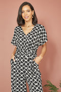 Yumi Black Geometric Print Wrap Jumpsuit