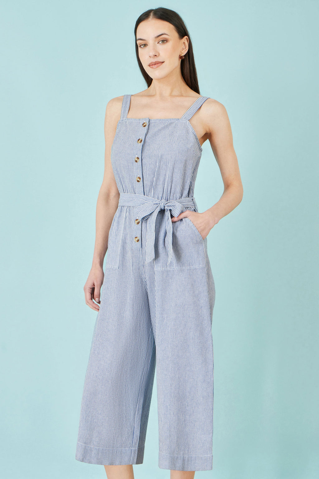Yumi Blue Cotton Stripe Button Through Jumpsuit