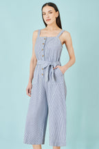 Yumi Blue Cotton Stripe Button Through Jumpsuit