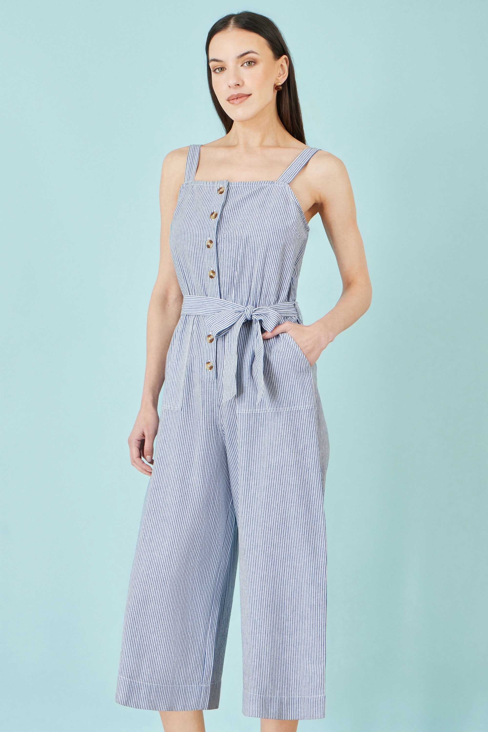 Yumi Blue Cotton Stripe Button Through Jumpsuit