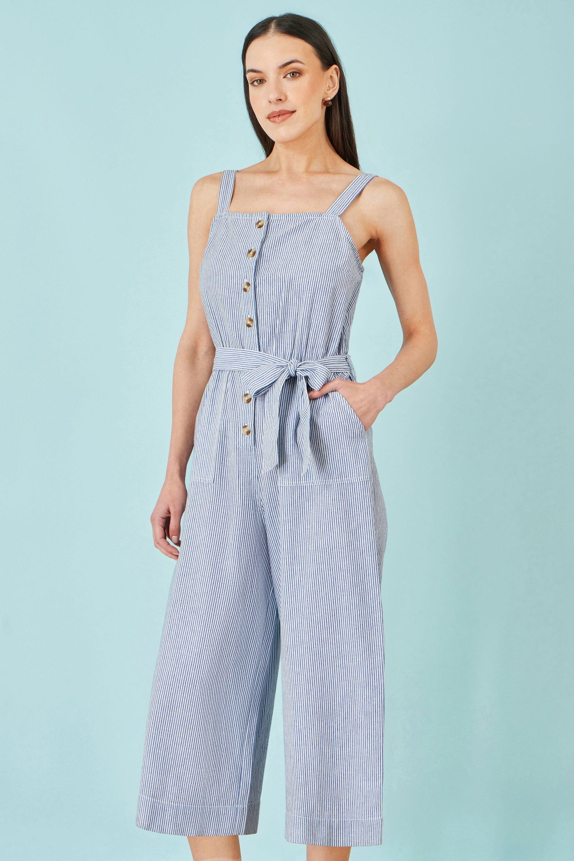 Yumi Blue Cotton Stripe Button Through Jumpsuit