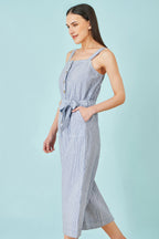 Yumi Blue Cotton Stripe Button Through Jumpsuit