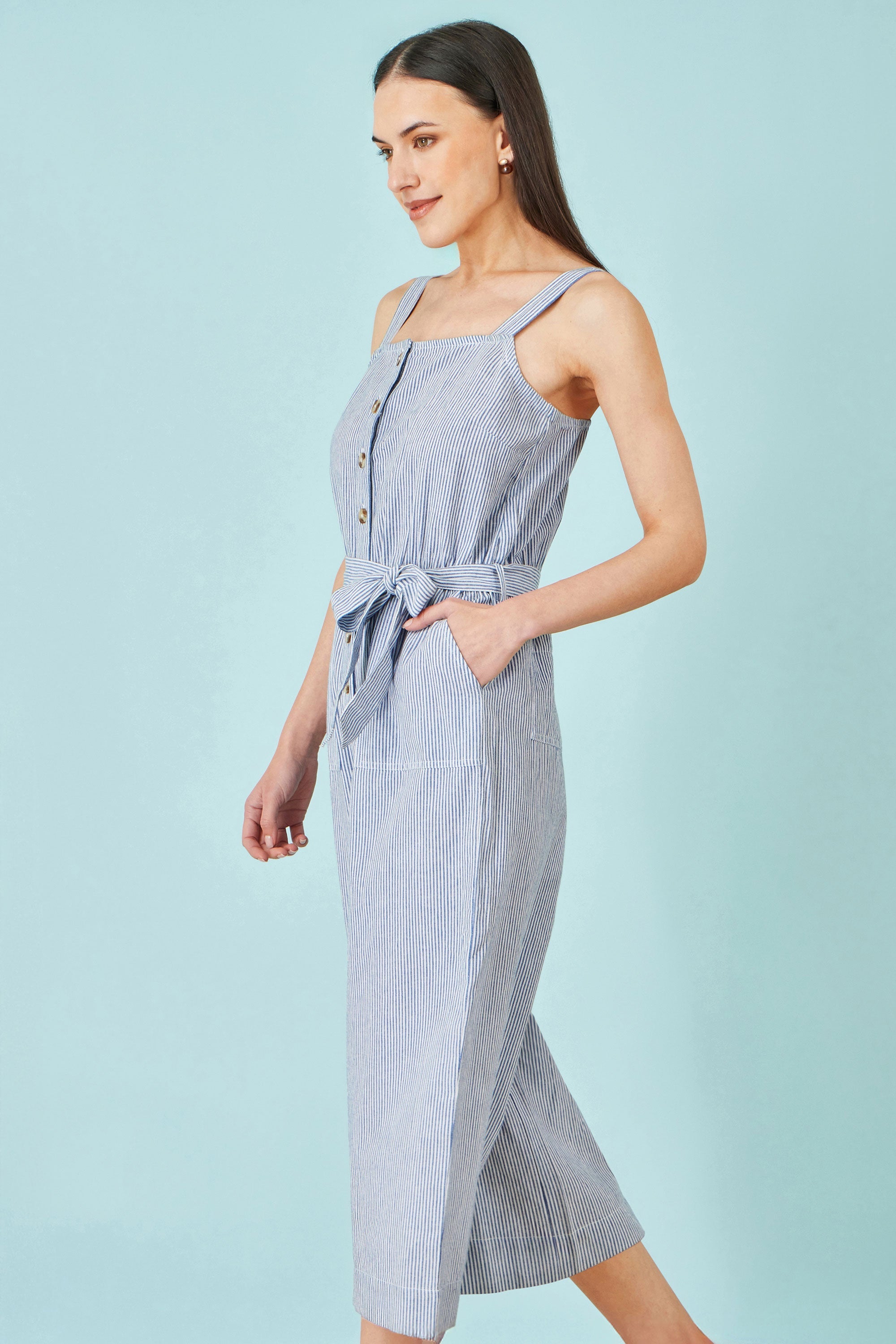 Yumi Blue Cotton Stripe Button Through Jumpsuit
