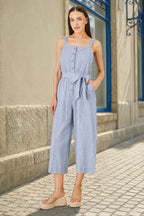 Yumi Blue Cotton Stripe Button Through Jumpsuit