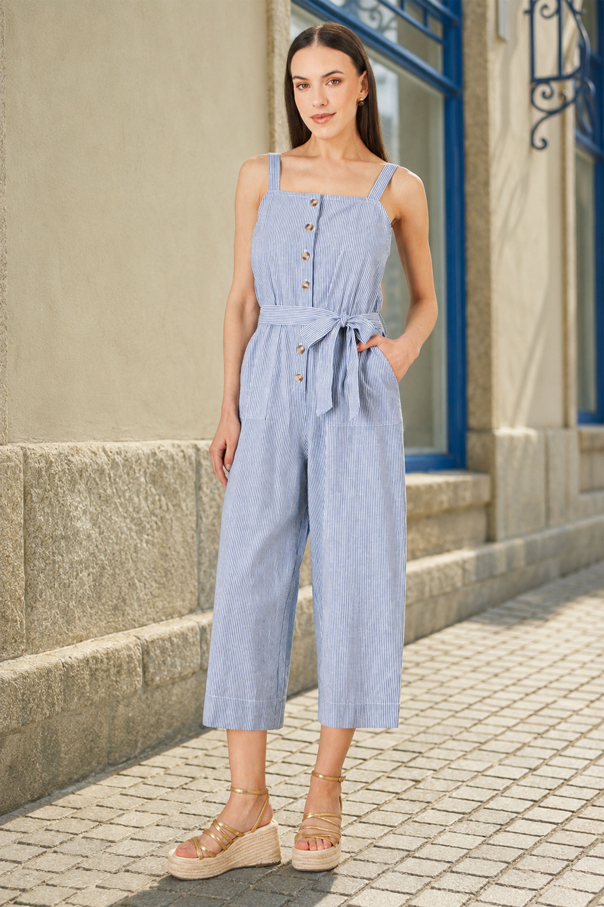 Yumi Blue Cotton Stripe Button Through Jumpsuit
