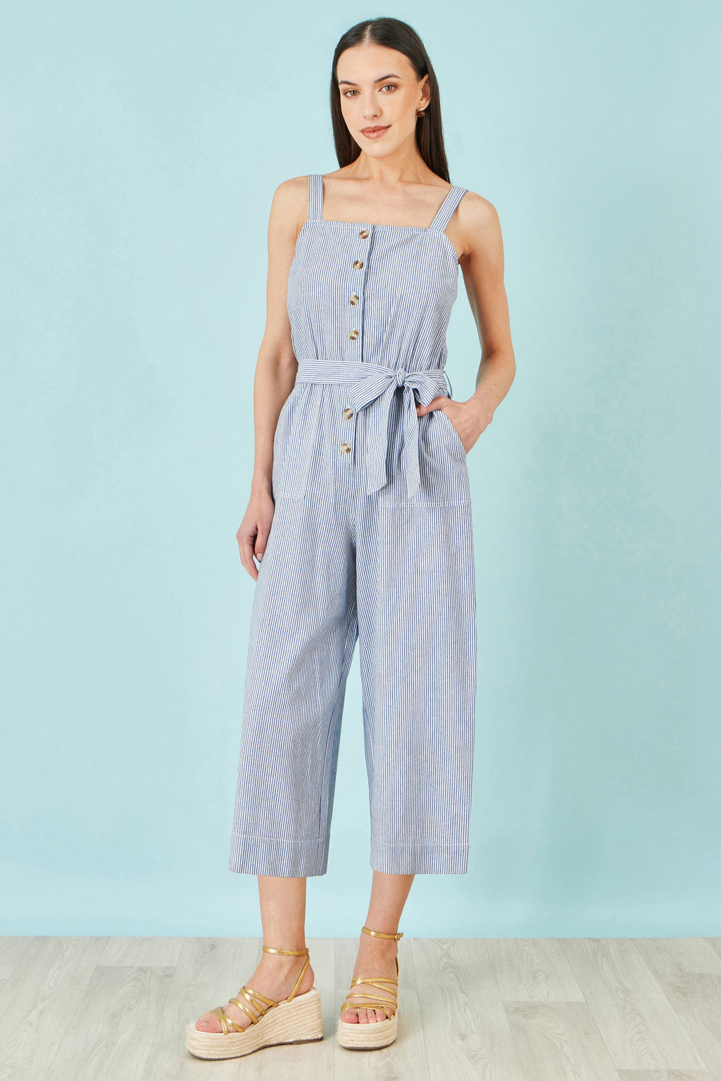 Yumi Blue Cotton Stripe Button Through Jumpsuit