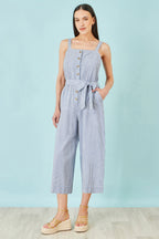 Yumi Blue Cotton Stripe Button Through Jumpsuit