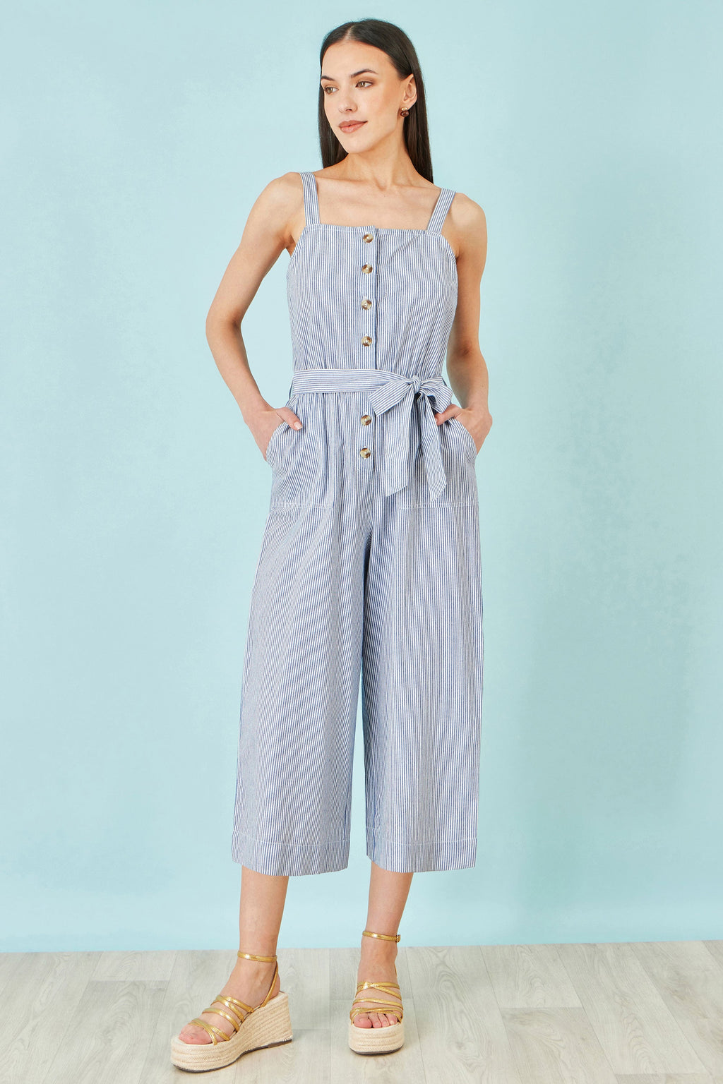 Yumi Blue Cotton Stripe Button Through Jumpsuit