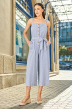 Yumi Blue Cotton Stripe Button Through Jumpsuit