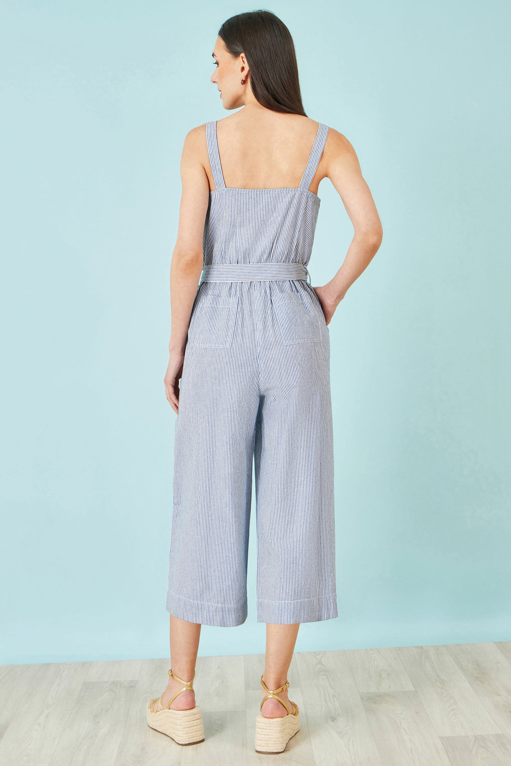 Yumi Blue Cotton Stripe Button Through Jumpsuit