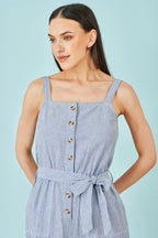 Yumi Blue Cotton Stripe Button Through Jumpsuit