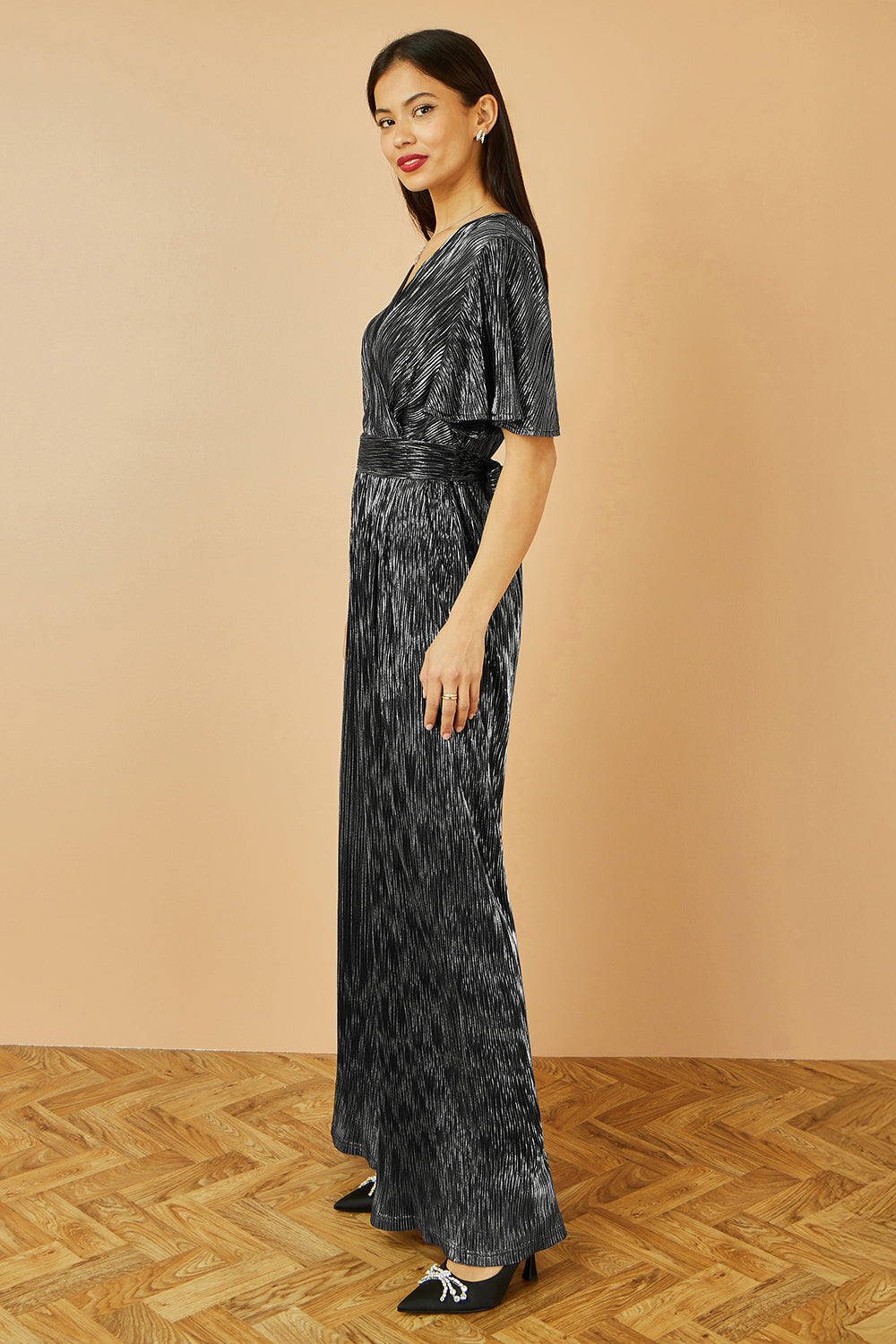 Yumi Black Metallic Pleated Jumpsuit With V Neck