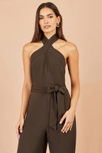 Yumi Brown Cross Over Halter Neck Jumpsuit