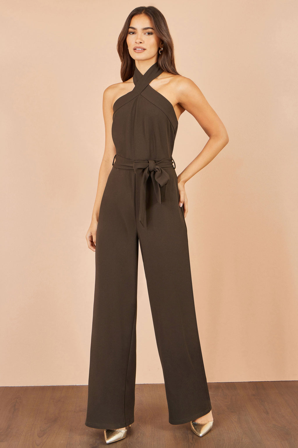 Yumi Brown Cross Over Halter Neck Jumpsuit