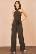 Yumi Brown Cross Over Halter Neck Jumpsuit