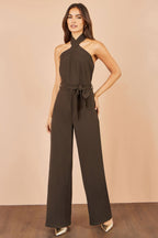 Yumi Brown Cross Over Halter Neck Jumpsuit