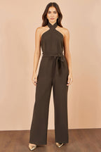 Yumi Brown Cross Over Halter Neck Jumpsuit