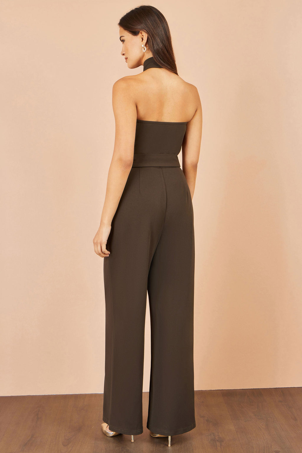 Yumi Brown Cross Over Halter Neck Jumpsuit