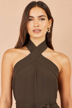 Yumi Brown Cross Over Halter Neck Jumpsuit