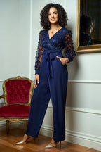 Yumi Navy Flower Applique Jumpsuit