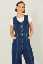 Yumi Blue Denim Stretch Fitted Jumpsuit
