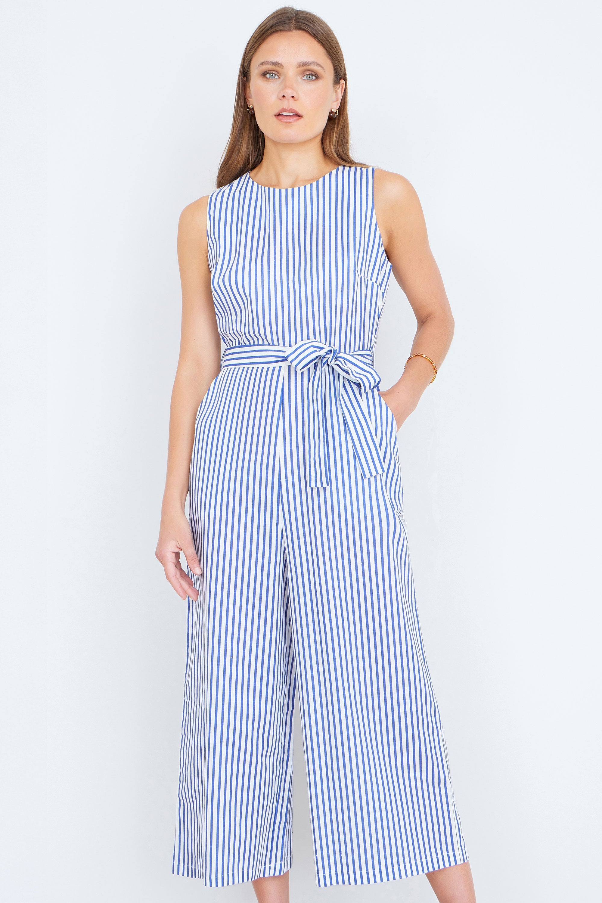Yumi Blue Cotton Stripe Culotte Jumpsuit