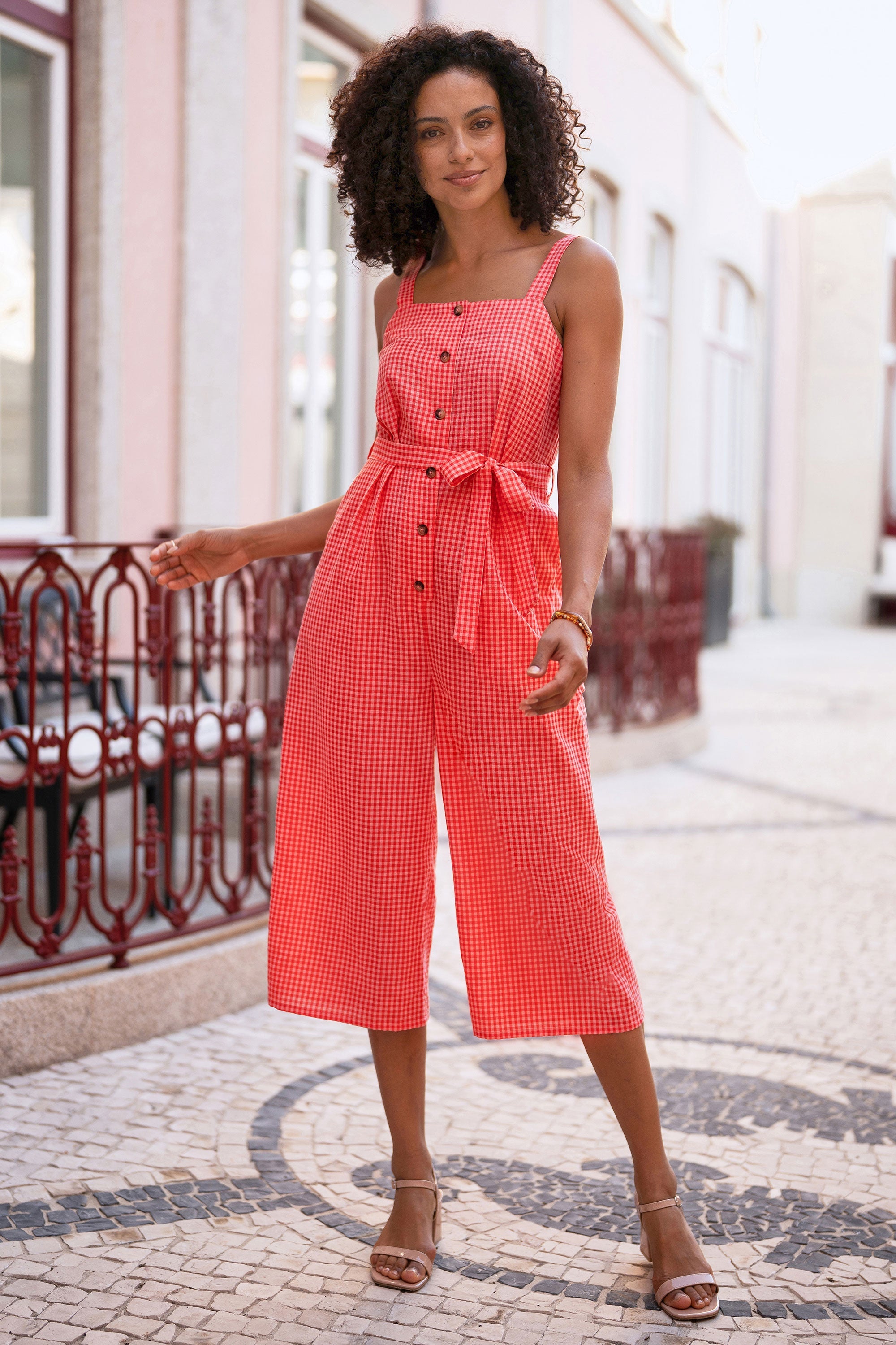 Yumi Red Gingham Button Through Jumpsuit