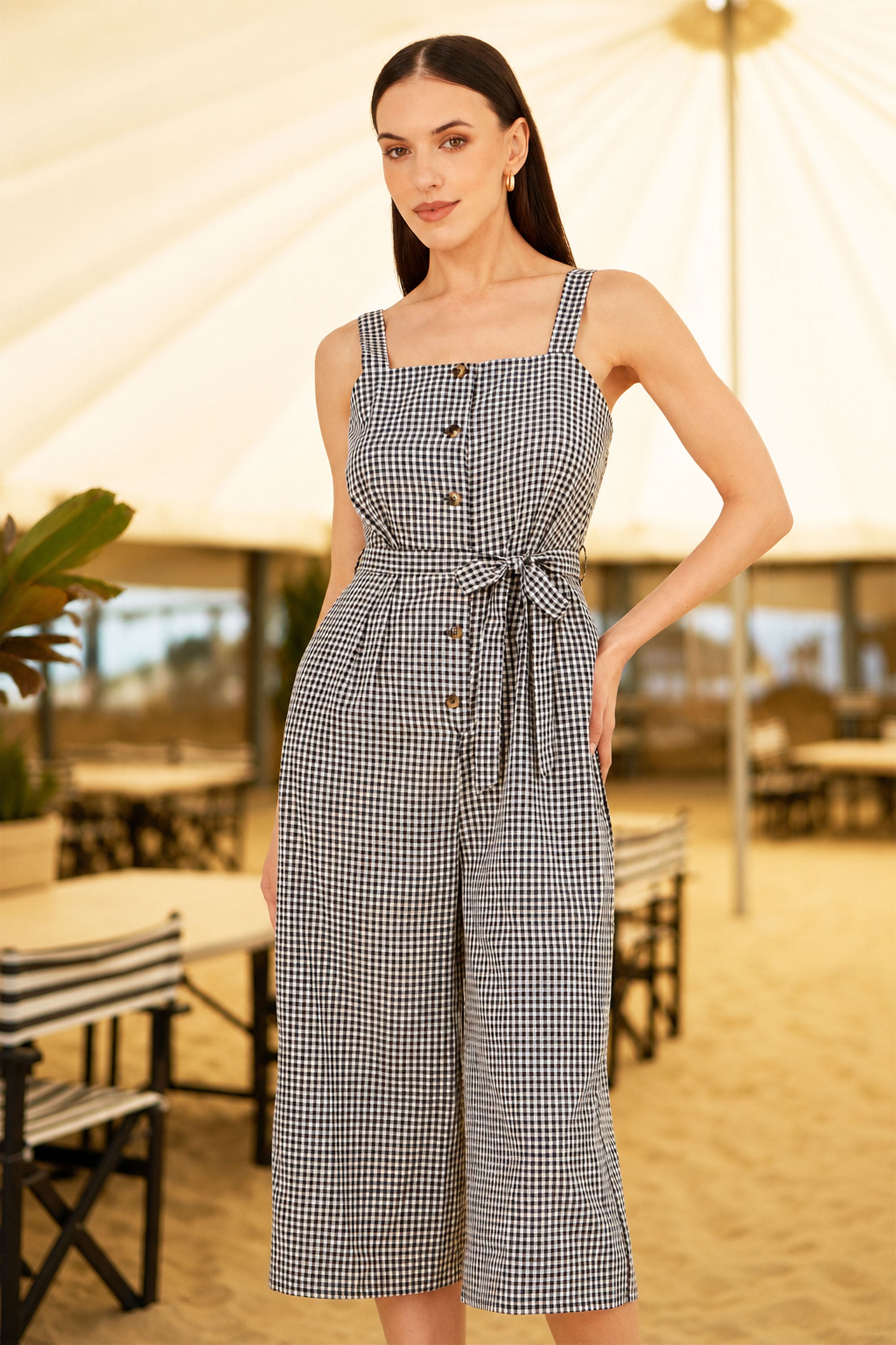 Yumi Black Gingham Button Through Jumpsuit