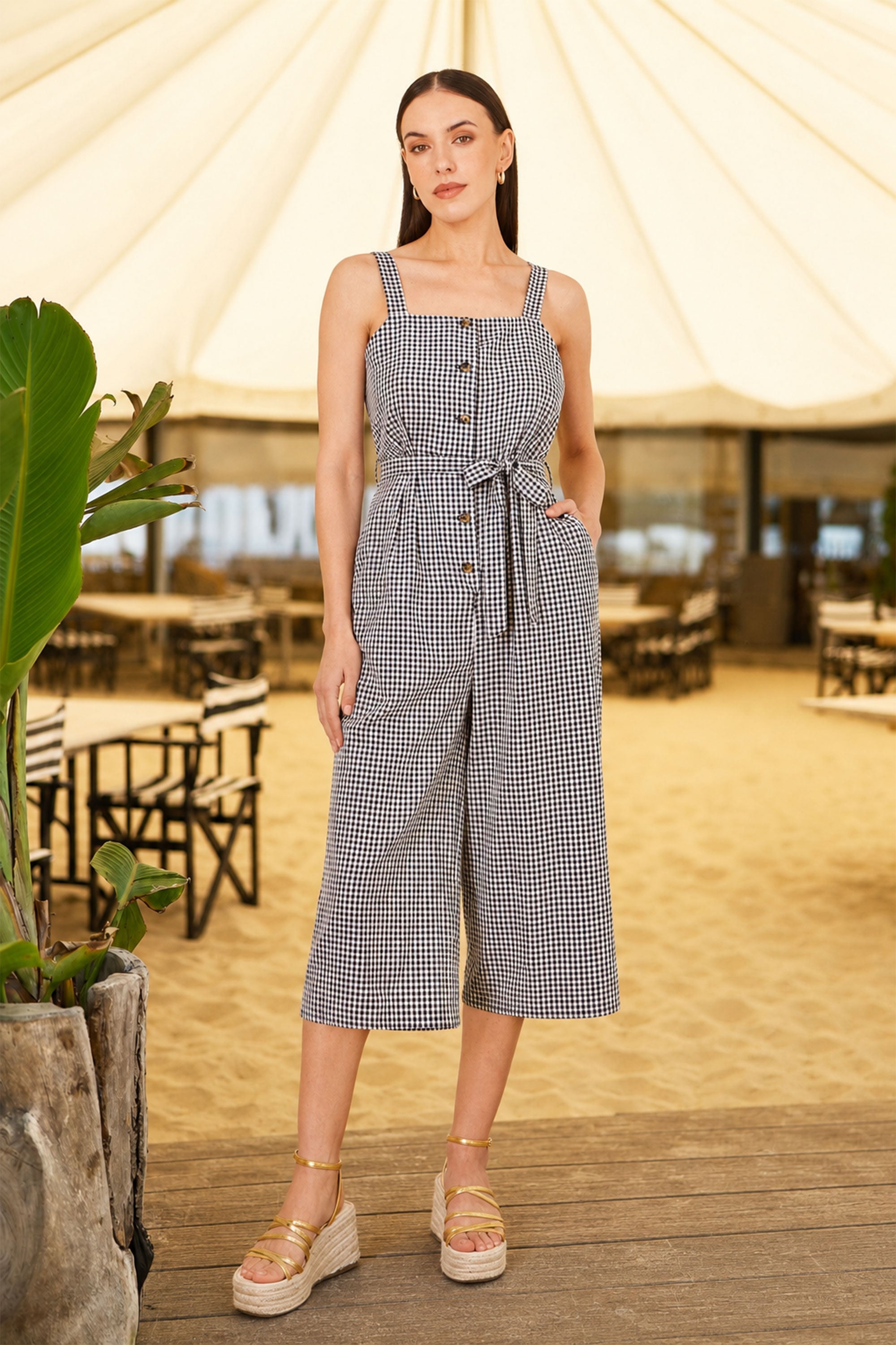 Yumi Black Gingham Button Through Jumpsuit