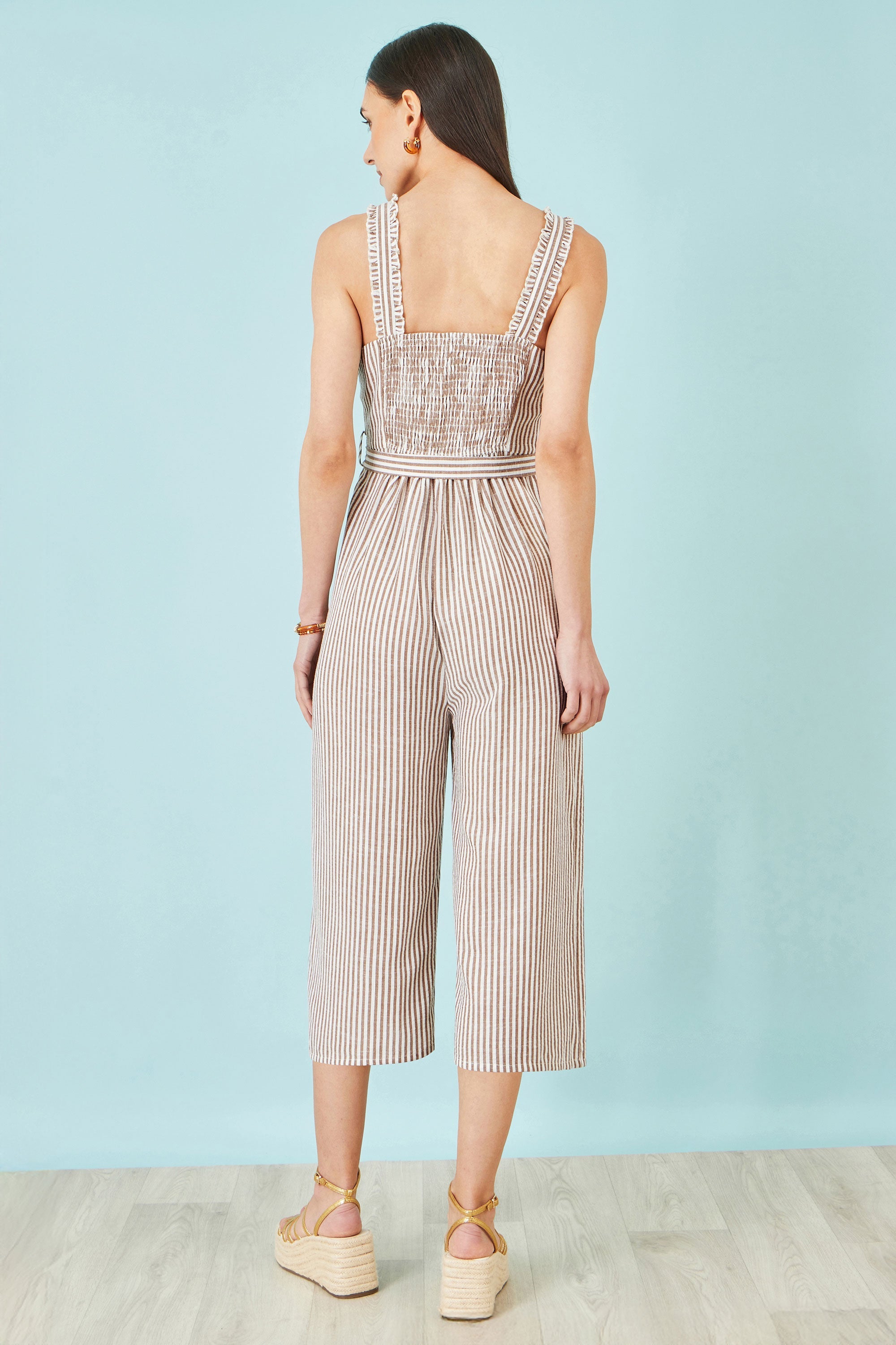 Yumi Brown Stripe Strappy Jumpsuit