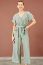 Yumi Green V Neck Kimono Sleeve Jumpsuit